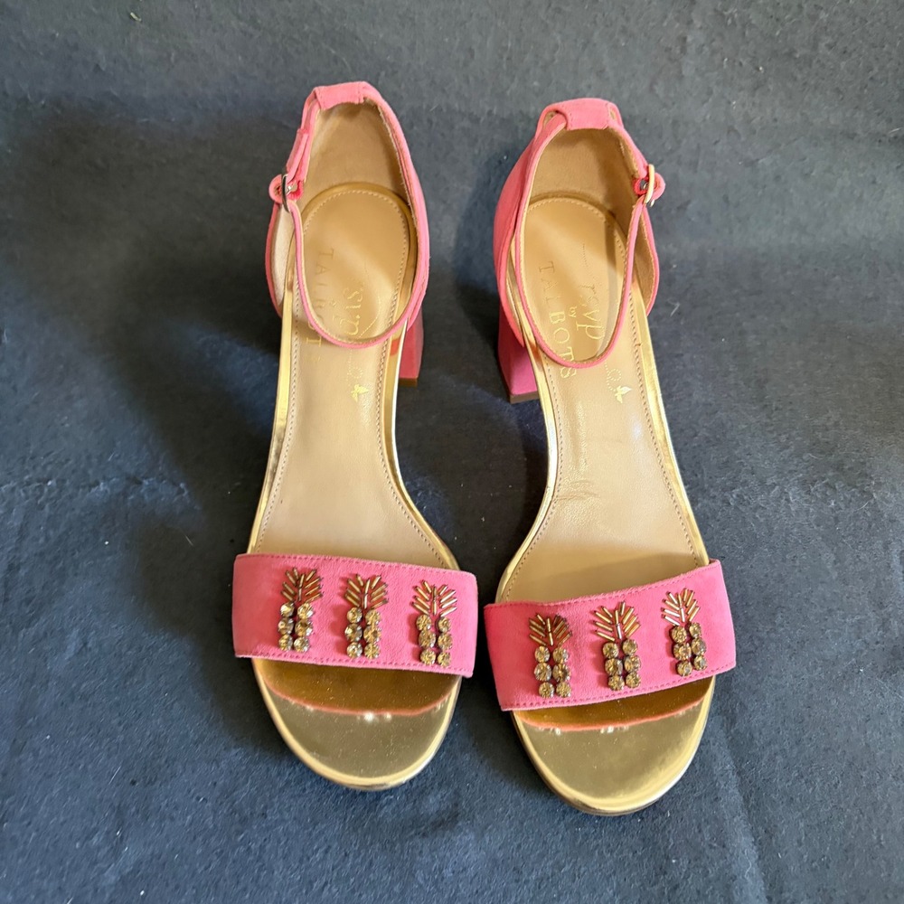 Talbots RSVP Pineapple Block Heel Sandals Womens 7.5 Pink Gold Resort Party